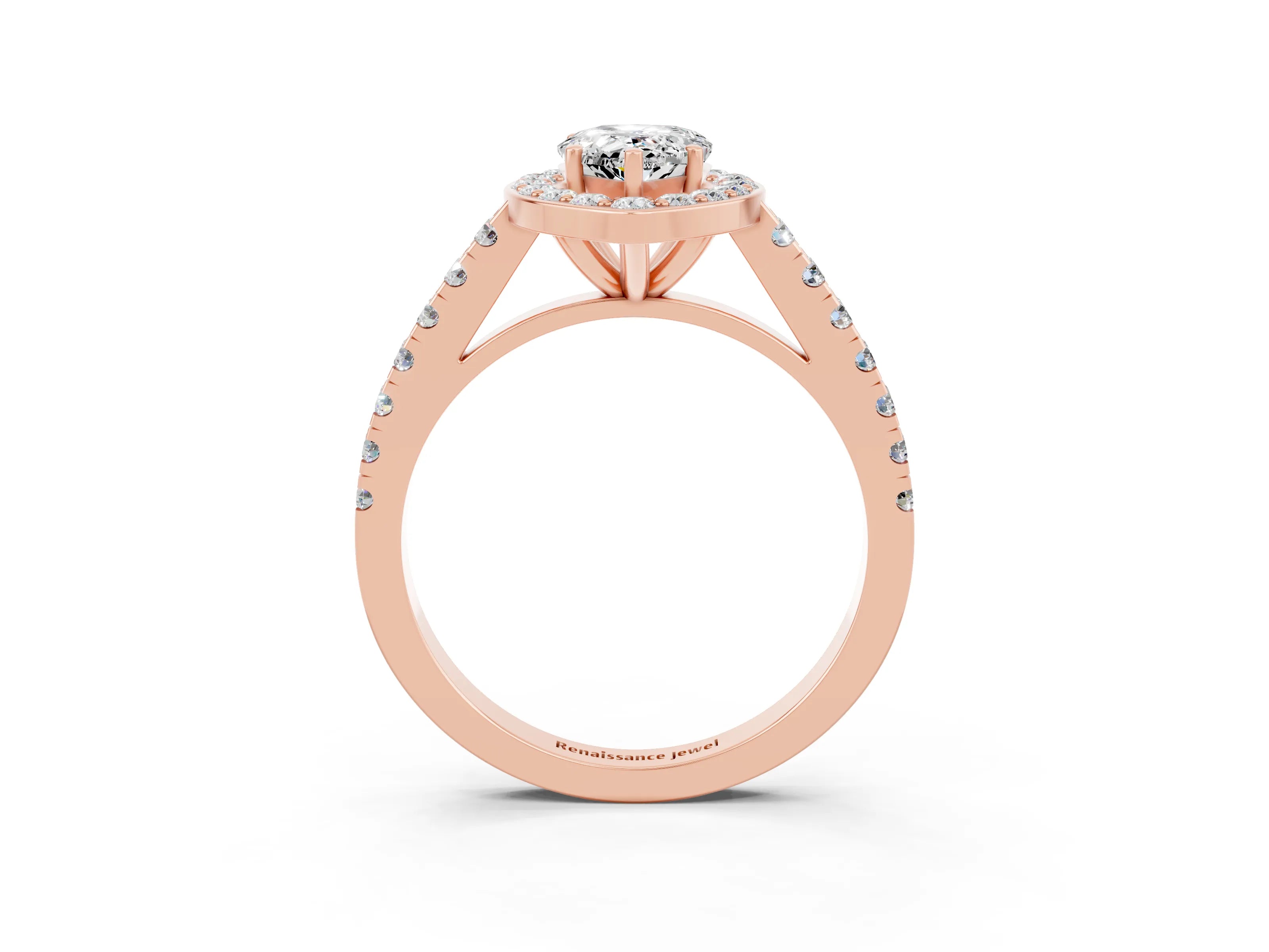 Rose gold Pear Cut Halo Diamond Ring with Pavé Band and Three-Prong Setting_3