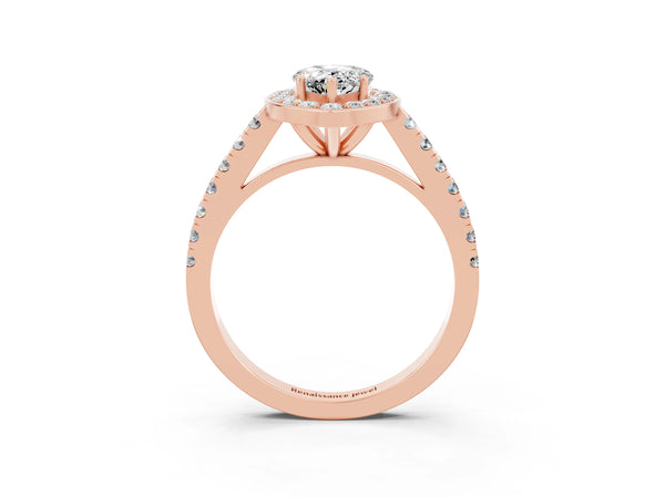 Rose gold Pear Cut Moissanite Halo Ring with Round Pavé Split Shank and Prong Setting