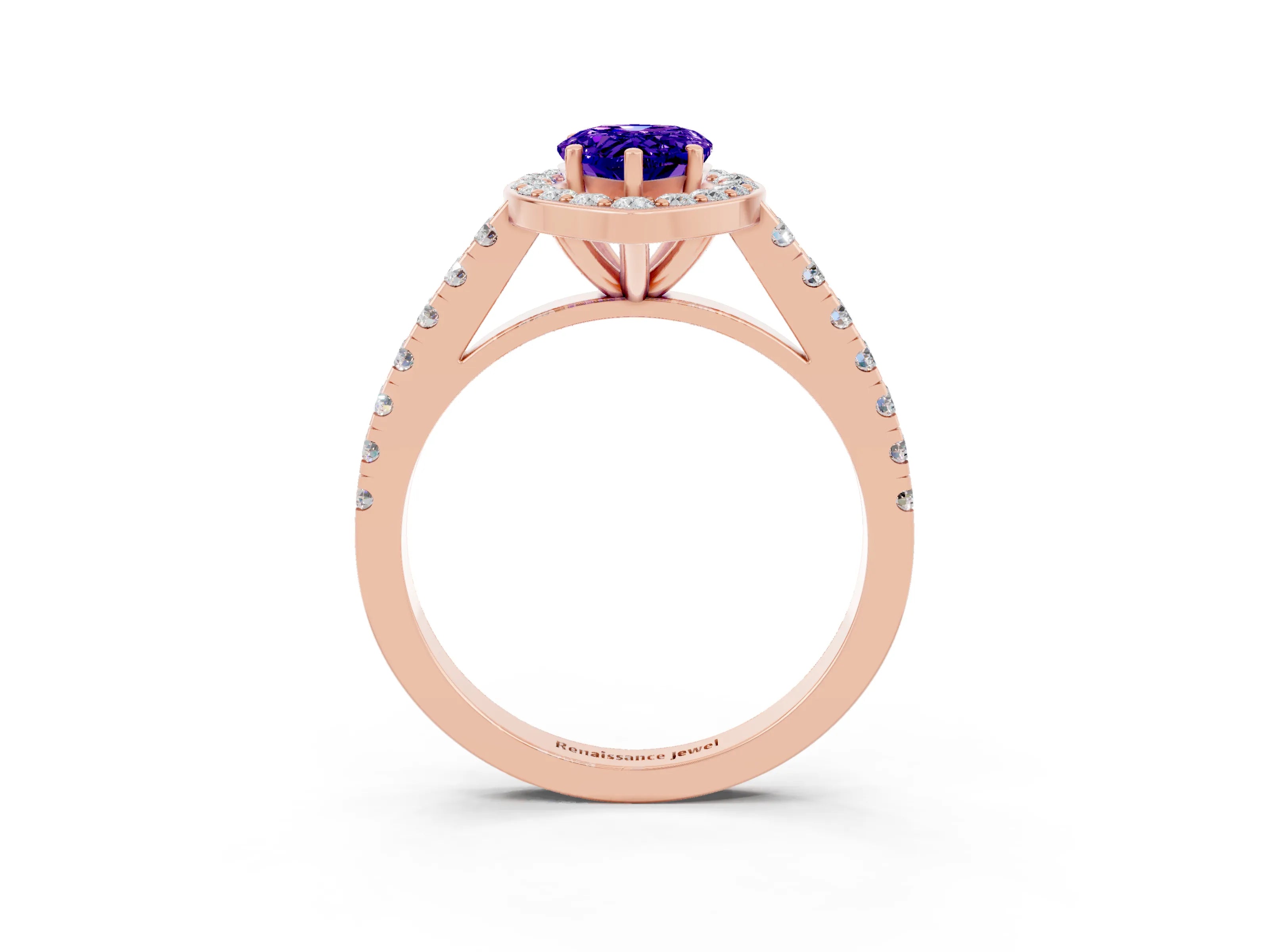 Rose gold Pear Cut Halo Diamond Ring with Pavé Band and Three-Prong Setting_3