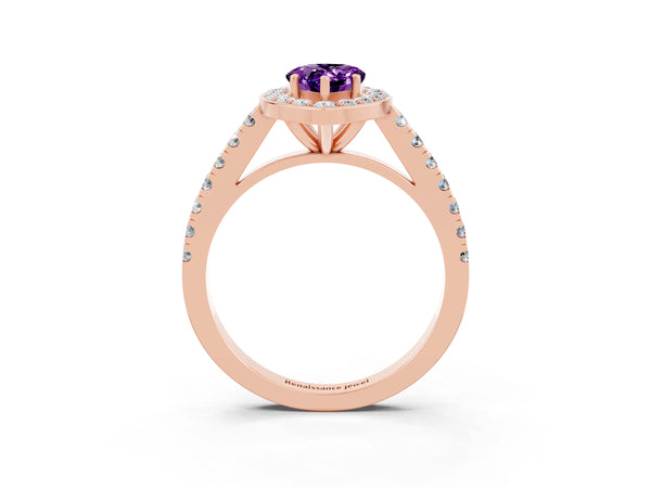 Rose gold Pear Cut Amethyst Halo Ring with Round Pavé Split Shank and Prong Setting