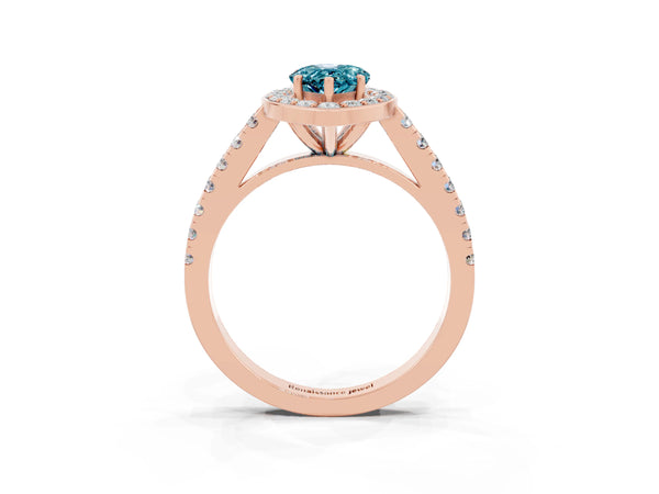 Rose gold Pear Cut Halo Diamond Ring with Pavé Band and Three-Prong Setting