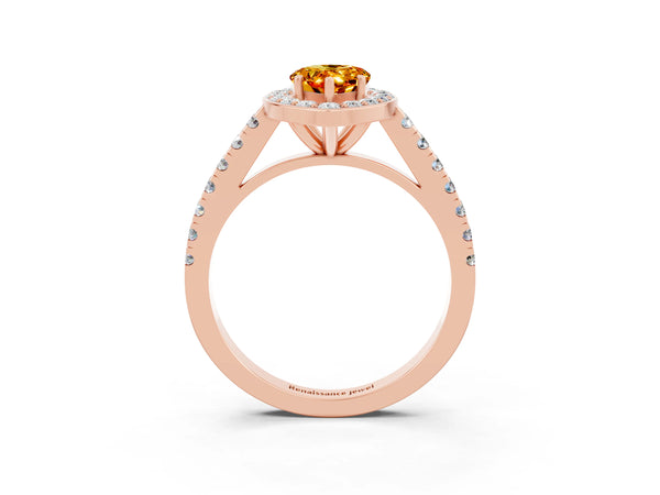 Rose gold Pear Cut Citrine Halo Ring with Round Pavé Split Shank and Prong Setting