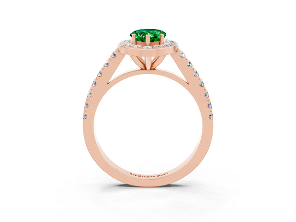 Rose gold Pear Cut Emerald Halo Ring with Round Pavé Split Shank and Prong Setting