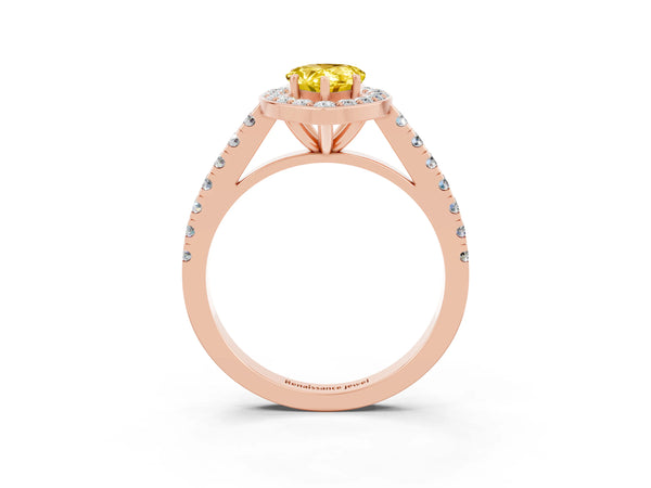Rose gold Pear Cut Yellow Sapphire Halo Ring with Round Pavé Split Shank and Prong Setting