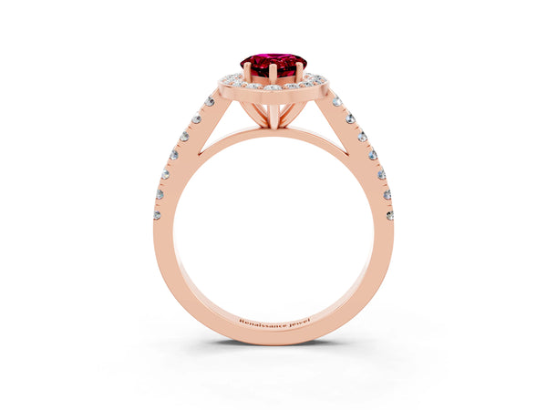 Rose gold Pear Cut Garnet Halo Ring with Round Pavé Split Shank and Prong Setting