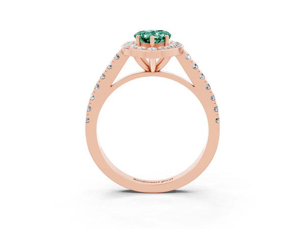 Rose gold Pear Cut Green Sapphire Halo Ring with Round Pavé Split Shank and Prong Setting