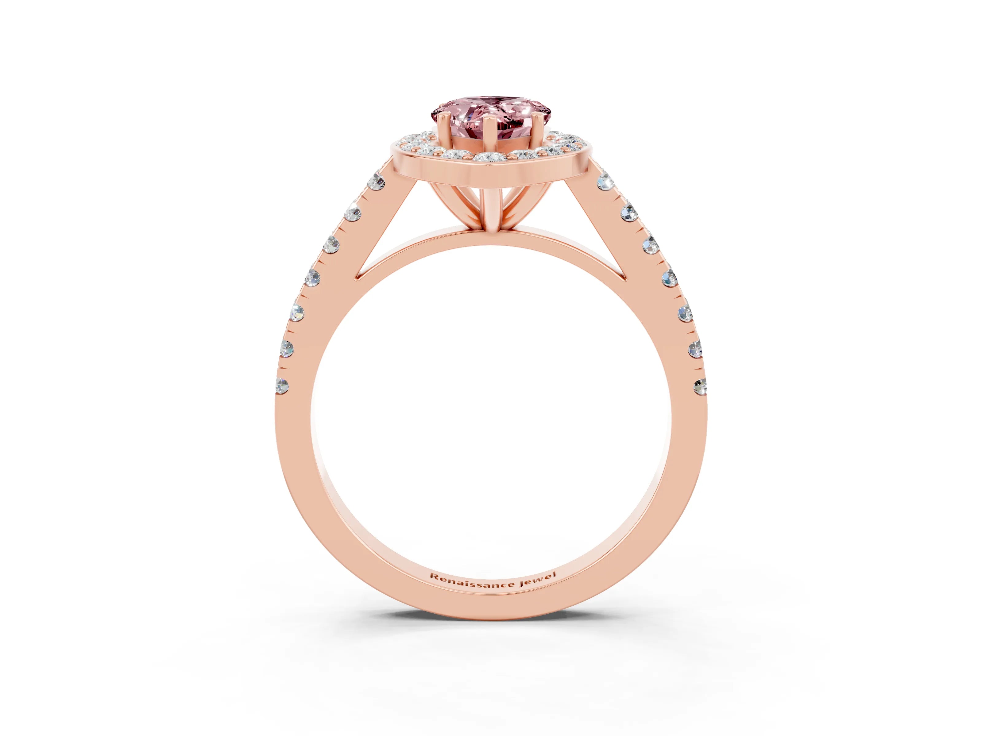 Rose gold Pear Cut Halo Diamond Ring with Pavé Band and Three-Prong Setting_3