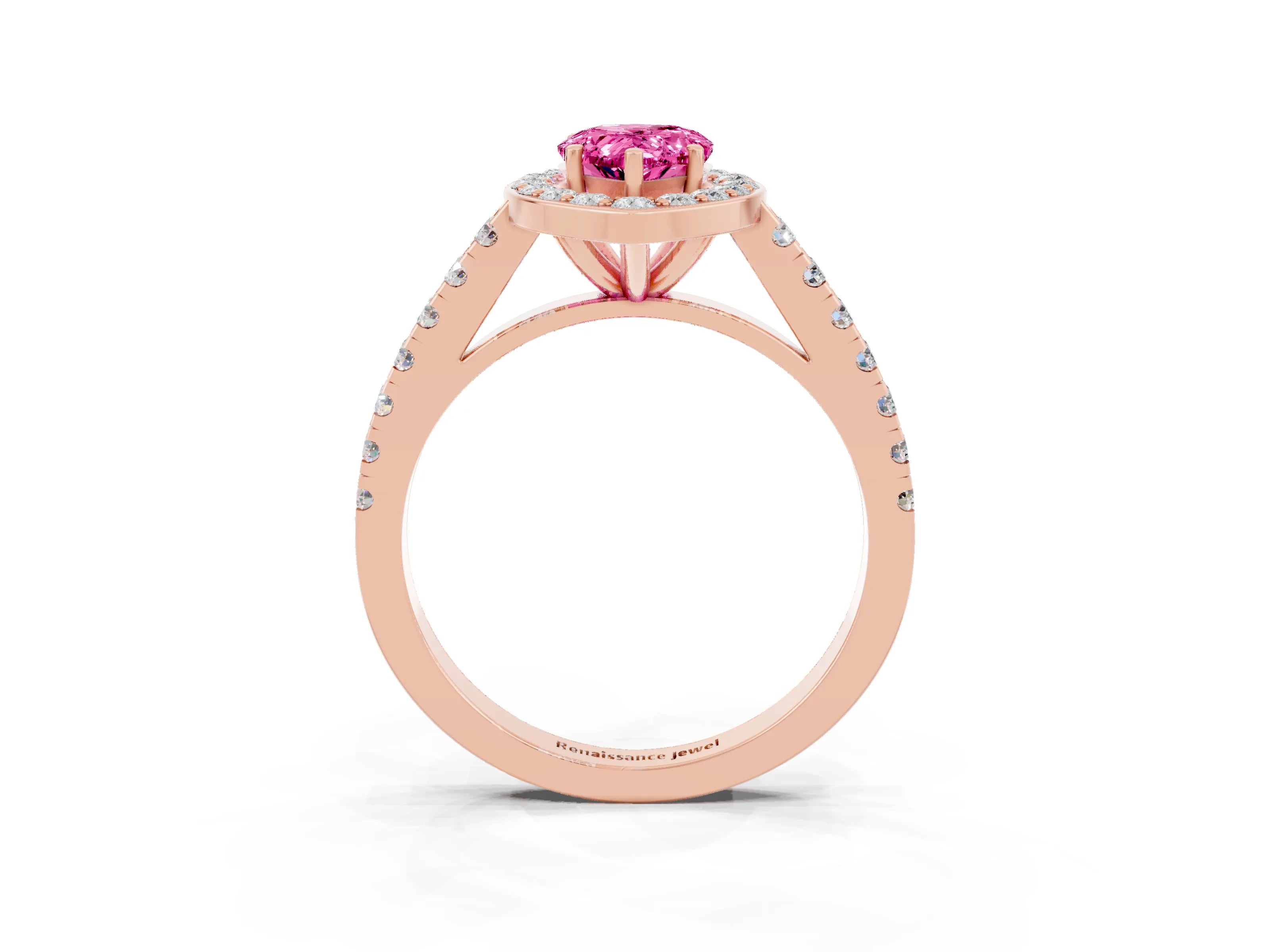 Rose gold Pear Cut Halo Diamond Ring with Pavé Band and Three-Prong Setting_3