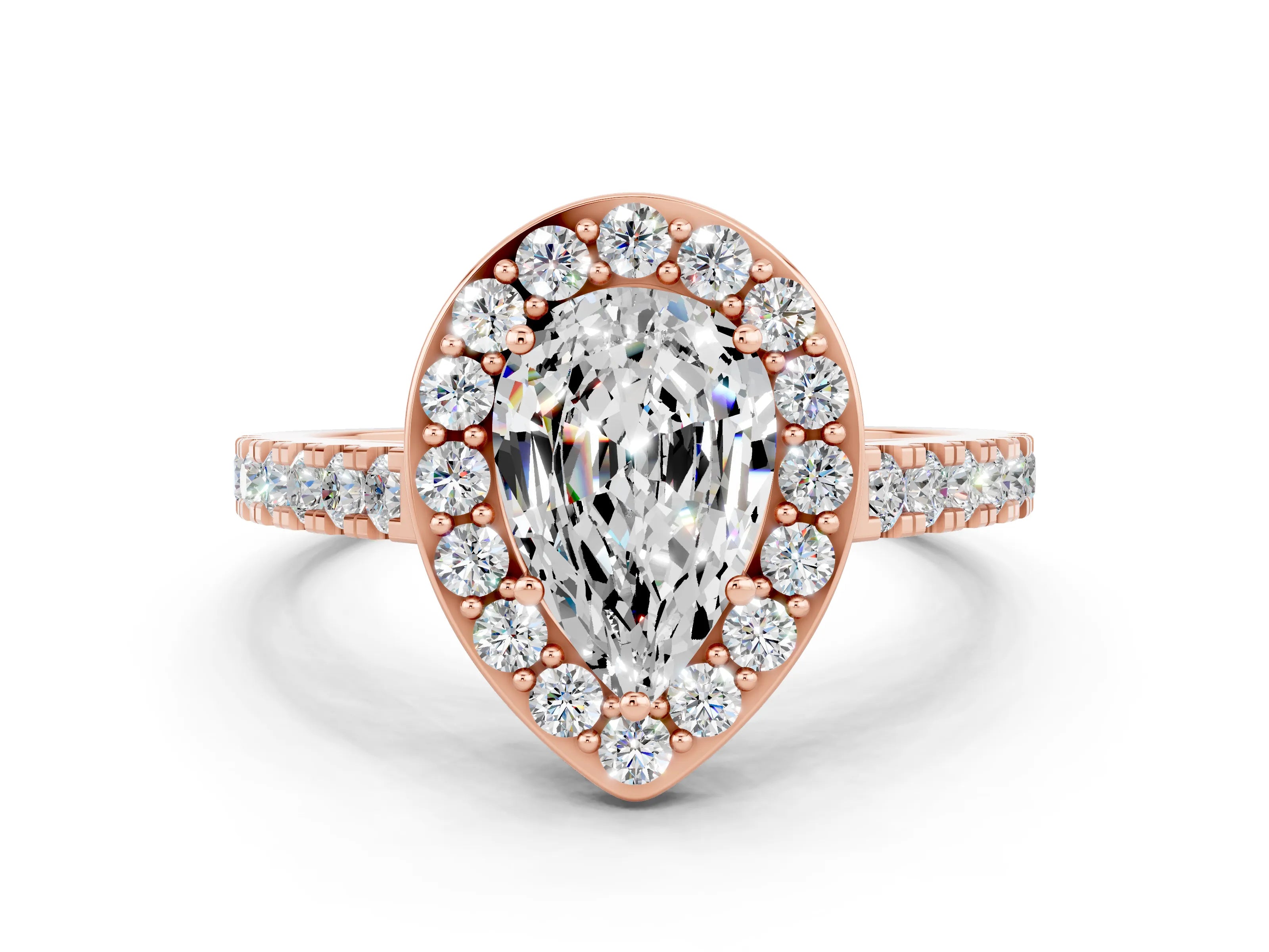 Rose gold Pear Cut Halo Diamond Ring with Pavé Band and Three-Prong Setting