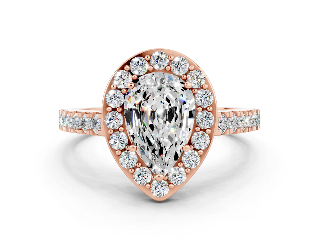 Rose gold Pear Cut Halo Diamond Ring with Pavé Band and Three-Prong Setting