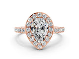 Rose gold Pear Cut Halo Diamond Ring with Pavé Band and Three-Prong Setting