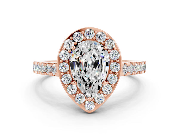 Rose gold Pear Cut Moissanite Halo Ring with Round Pavé Split Shank and Prong Setting