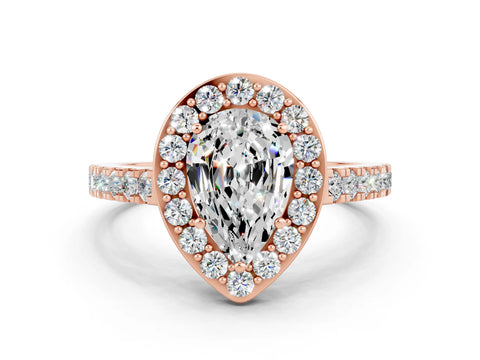 Rose gold Pear Cut Halo Diamond Ring with Pavé Band and Three-Prong Setting