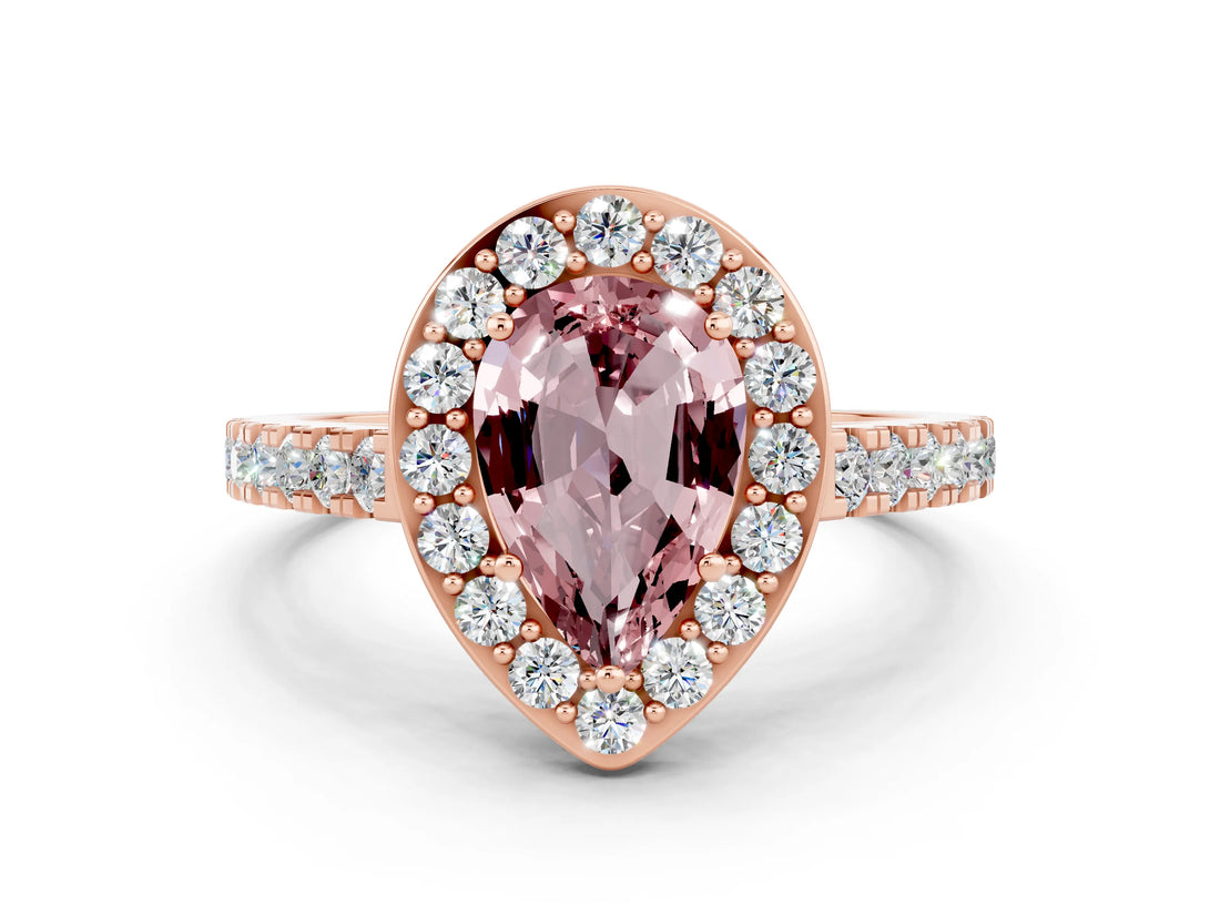 Rose gold Pear Cut Halo Diamond Ring with Pavé Band and Three-Prong Setting