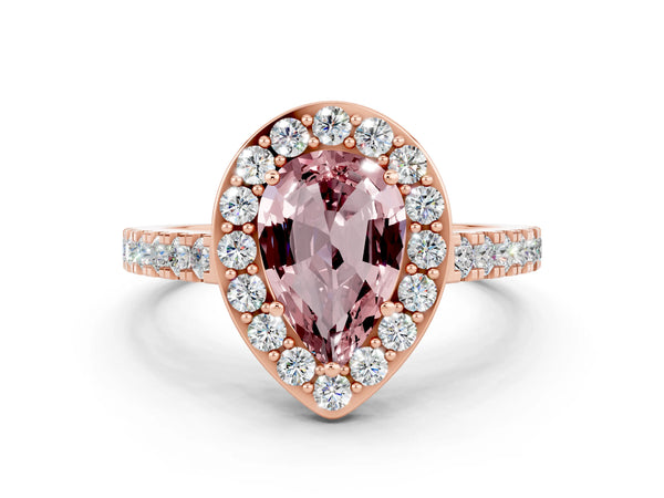 Rose gold Pear Cut Halo Diamond Ring with Pavé Band and Three-Prong Setting