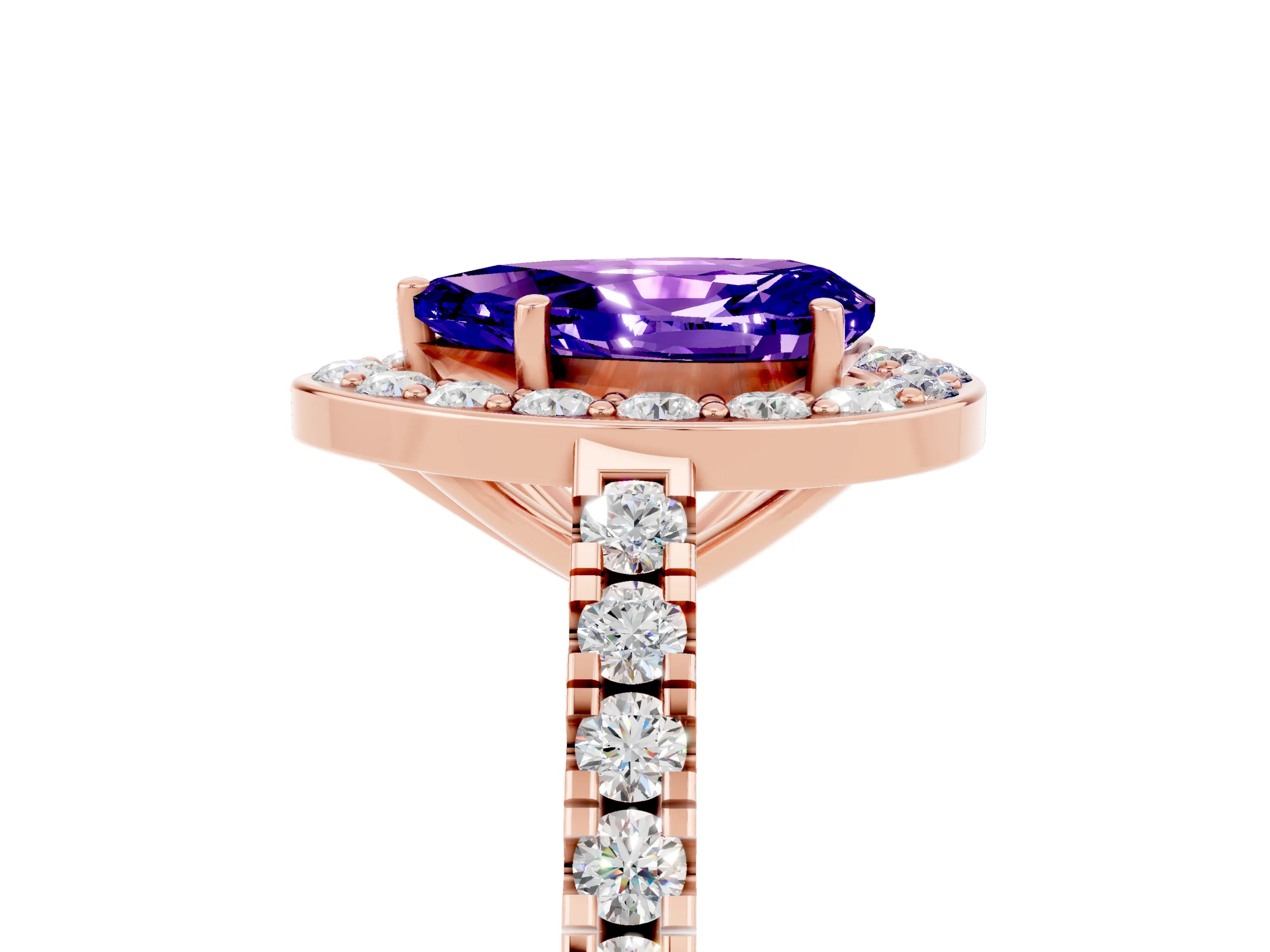 Rose gold Pear Cut Halo Diamond Ring with Pavé Band and Three-Prong Setting_5