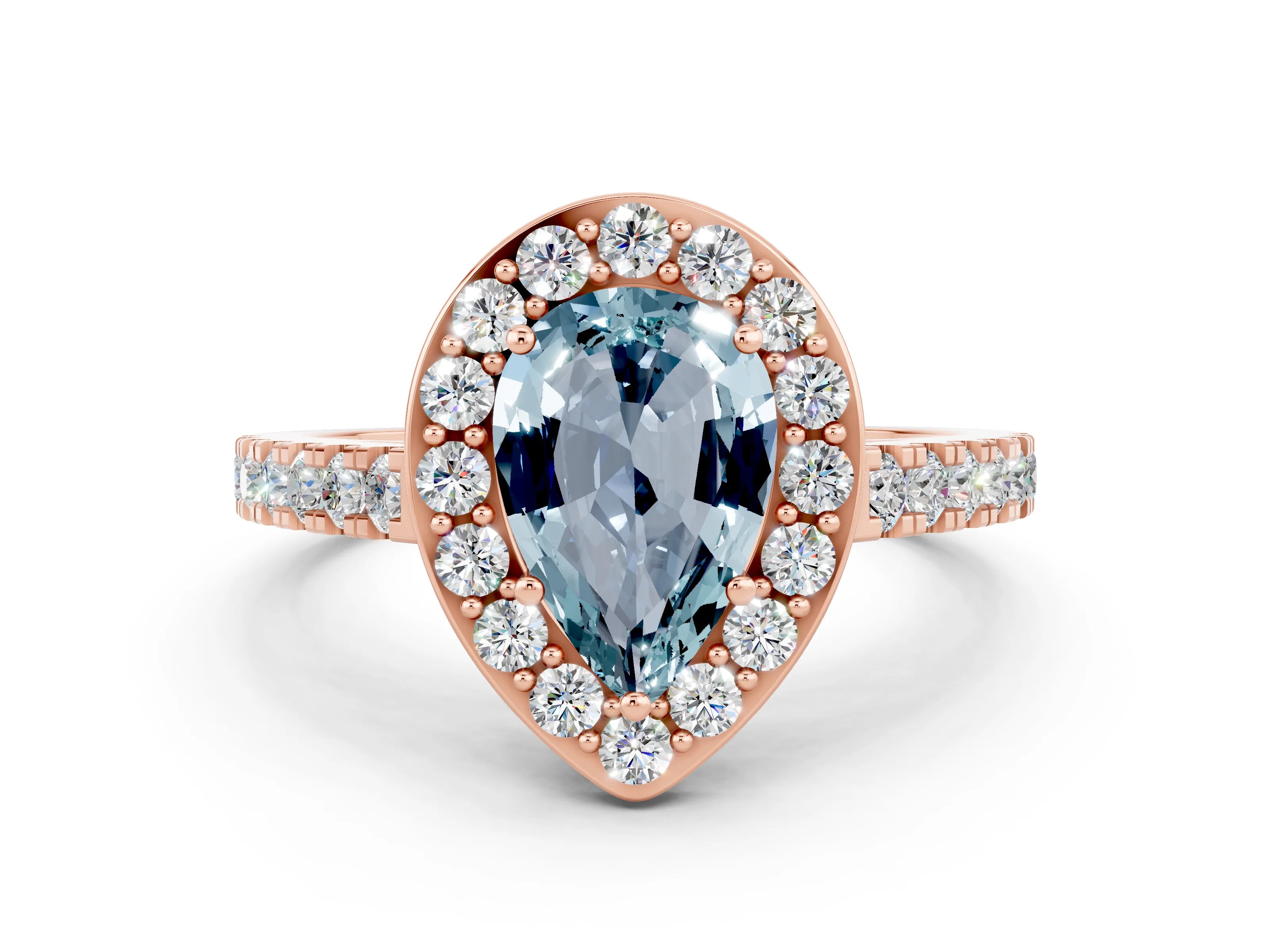 Rose gold Pear Cut Halo Diamond Ring with Pavé Band and Three-Prong Setting