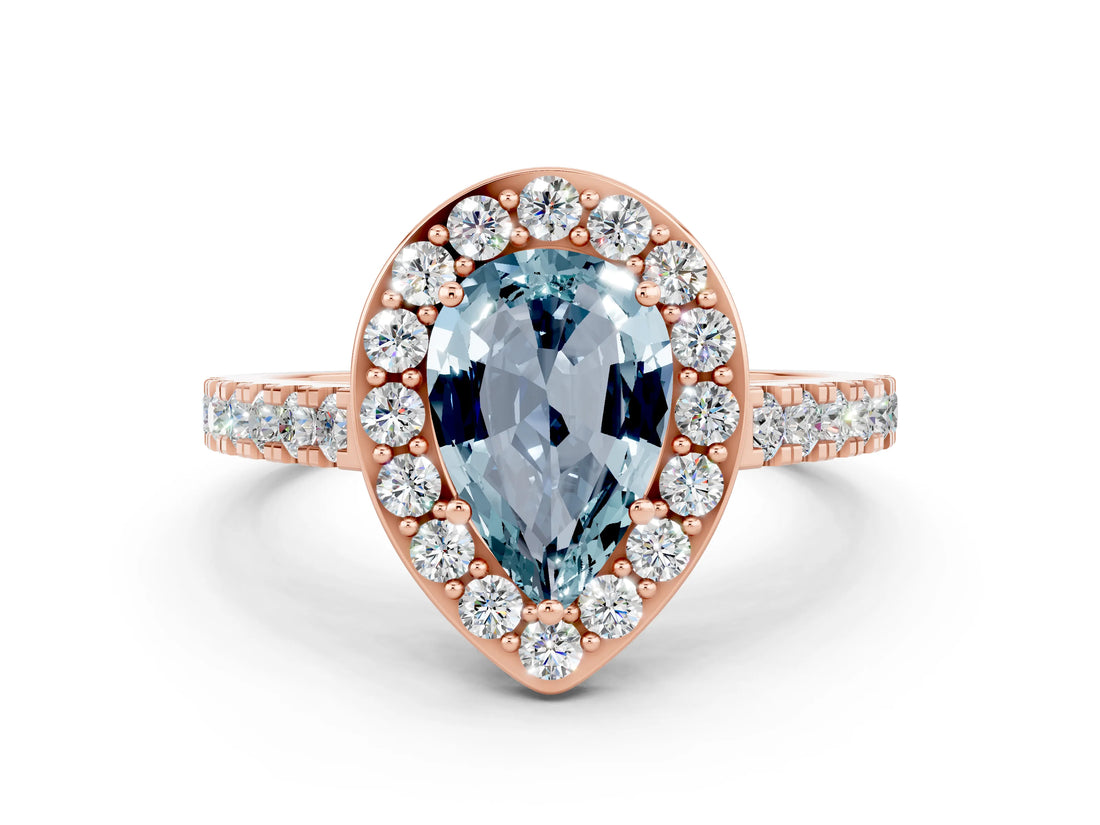 Rose gold Pear Cut Halo Diamond Ring with Pavé Band and Three-Prong Setting