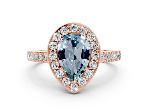 Rose gold Pear Cut Halo Diamond Ring with Pavé Band and Three-Prong Setting