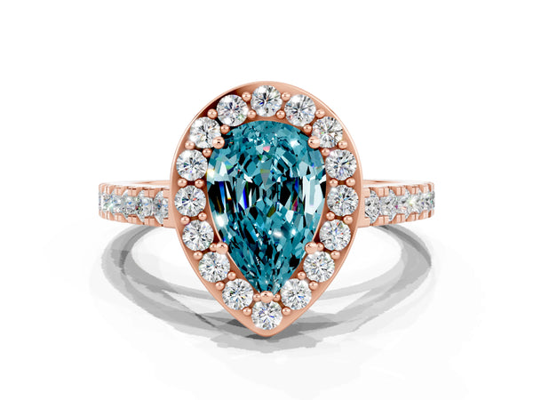 Rose gold Pear Cut Halo Diamond Ring with Pavé Band and Three-Prong Setting