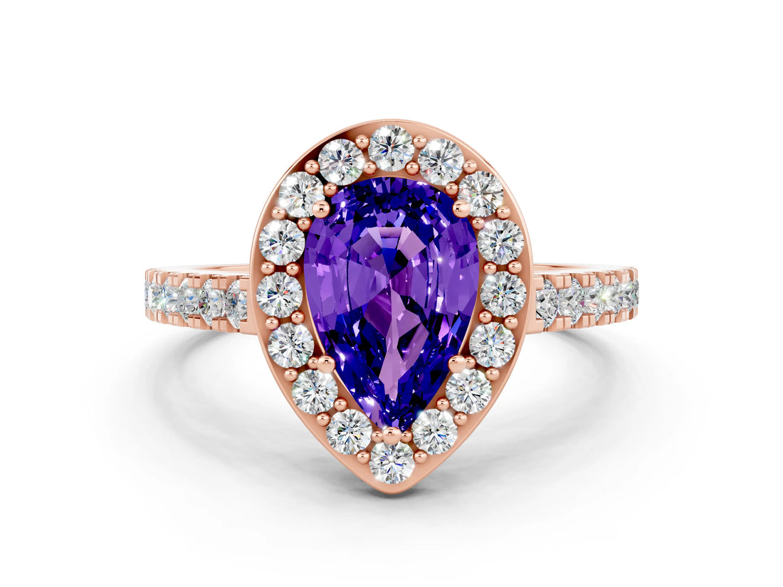 Rose gold Pear Cut Halo Diamond Ring with Pavé Band and Three-Prong Setting