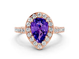 Rose gold Pear Cut Halo Diamond Ring with Pavé Band and Three-Prong Setting