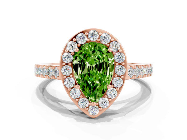 Rose gold Pear Cut Halo Diamond Ring with Pavé Band and Three-Prong Setting