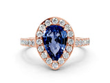Rose gold Pear Cut Halo Diamond Ring with Pavé Band and Three-Prong Setting