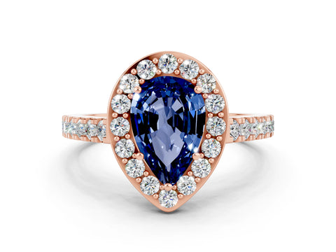 Rose gold Pear Cut Halo Diamond Ring with Pavé Band and Three-Prong Setting