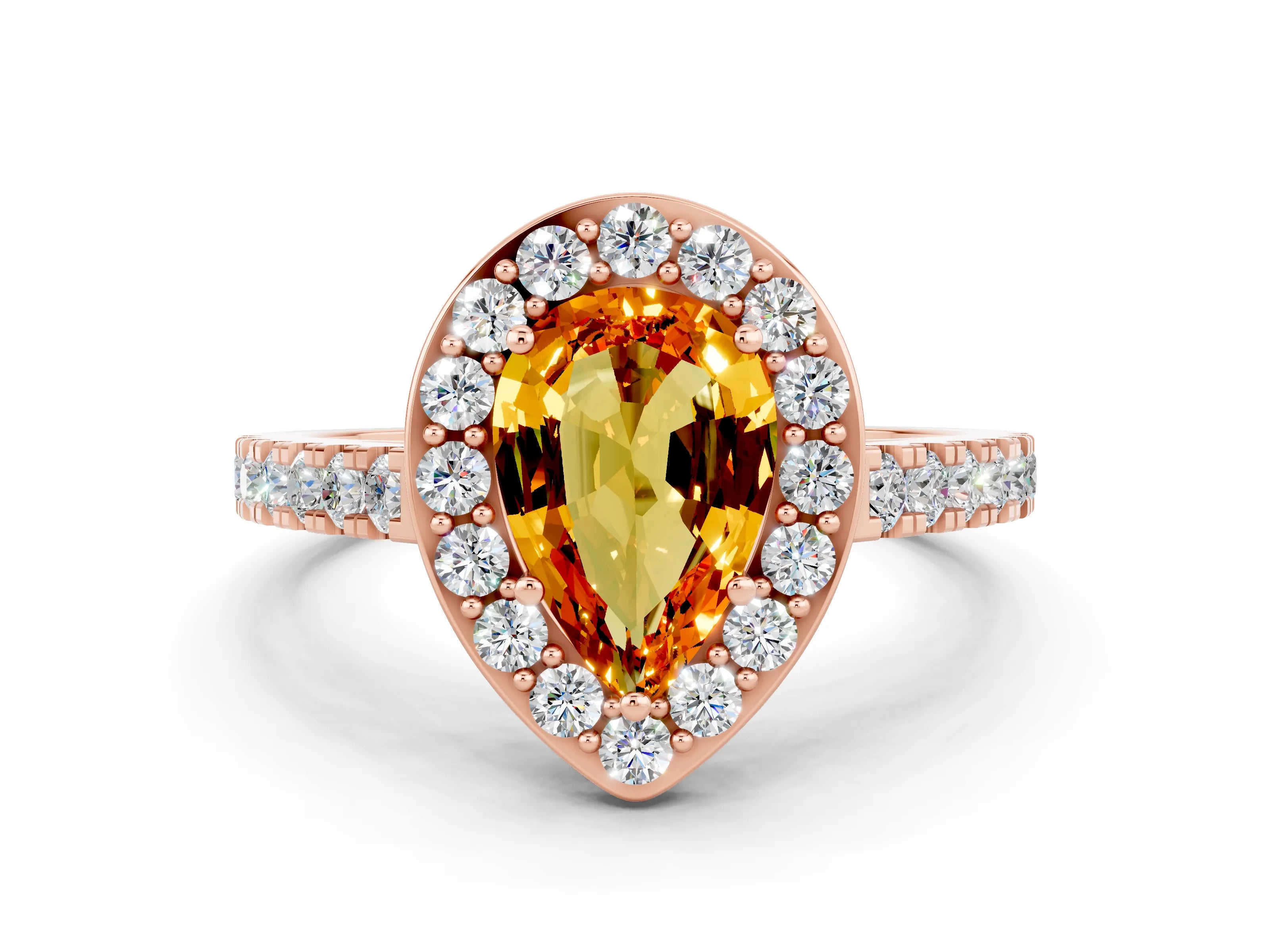 Rose gold Pear Cut Halo Diamond Ring with Pavé Band and Three-Prong Setting