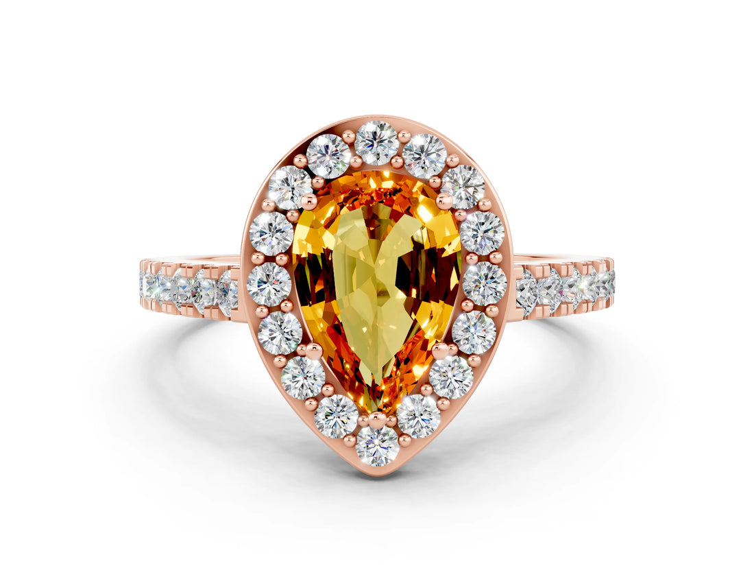 Rose gold Pear Cut Halo Diamond Ring with Pavé Band and Three-Prong Setting