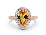 Rose gold Pear Cut Halo Diamond Ring with Pavé Band and Three-Prong Setting