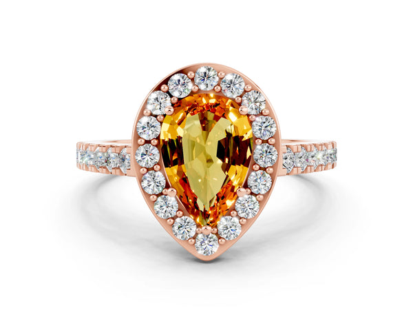 Rose gold Pear Cut Citrine Halo Ring with Round Pavé Split Shank and Prong Setting