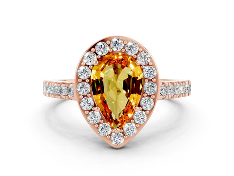 Rose gold Pear Cut Halo Diamond Ring with Pavé Band and Three-Prong Setting