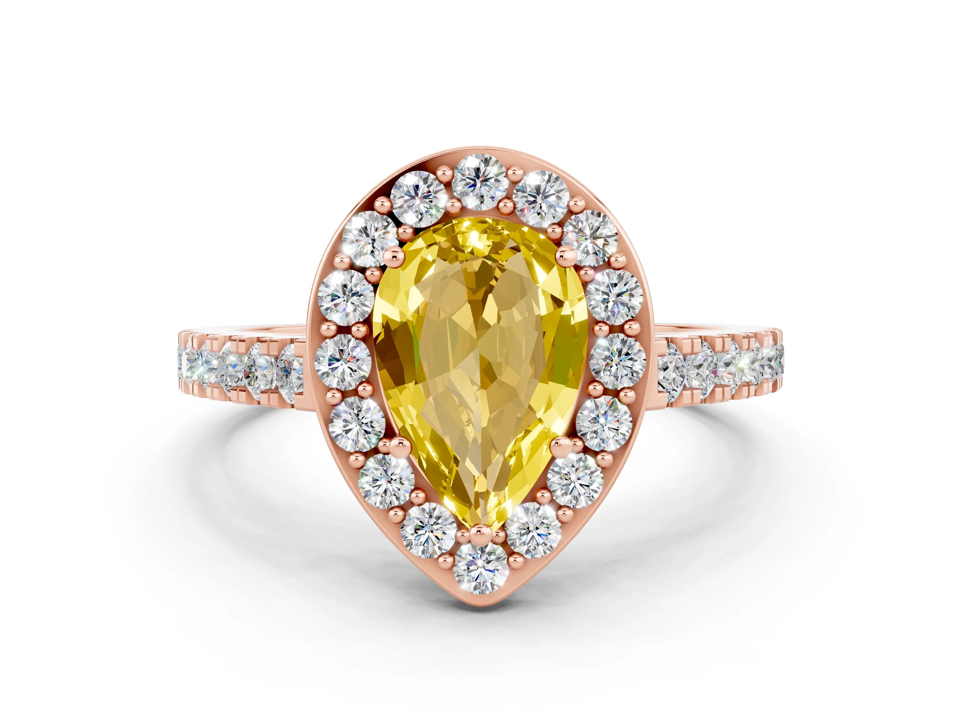 Rose gold Pear Cut Halo Diamond Ring with Pavé Band and Three-Prong Setting