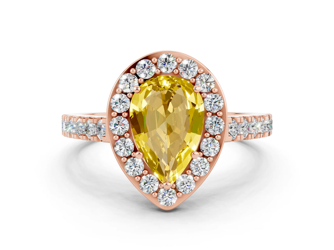 Rose gold Pear Cut Halo Diamond Ring with Pavé Band and Three-Prong Setting