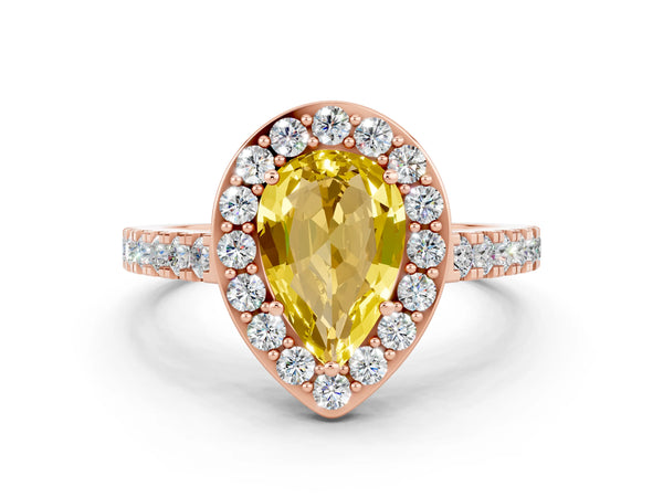 Rose gold Pear Cut Yellow Sapphire Halo Ring with Round Pavé Split Shank and Prong Setting