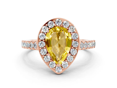 Rose gold Pear Cut Halo Diamond Ring with Pavé Band and Three-Prong Setting