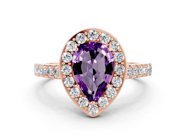 Rose gold Pear Cut Amethyst Halo Ring with Round Pavé Split Shank and Prong Setting