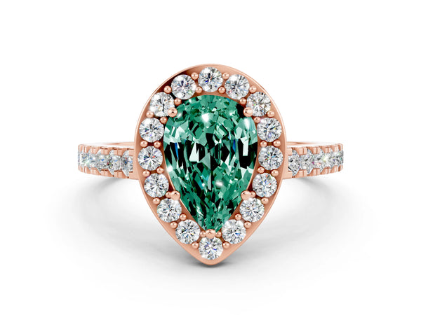 Rose gold Pear Cut Green Sapphire Halo Ring with Round Pavé Split Shank and Prong Setting