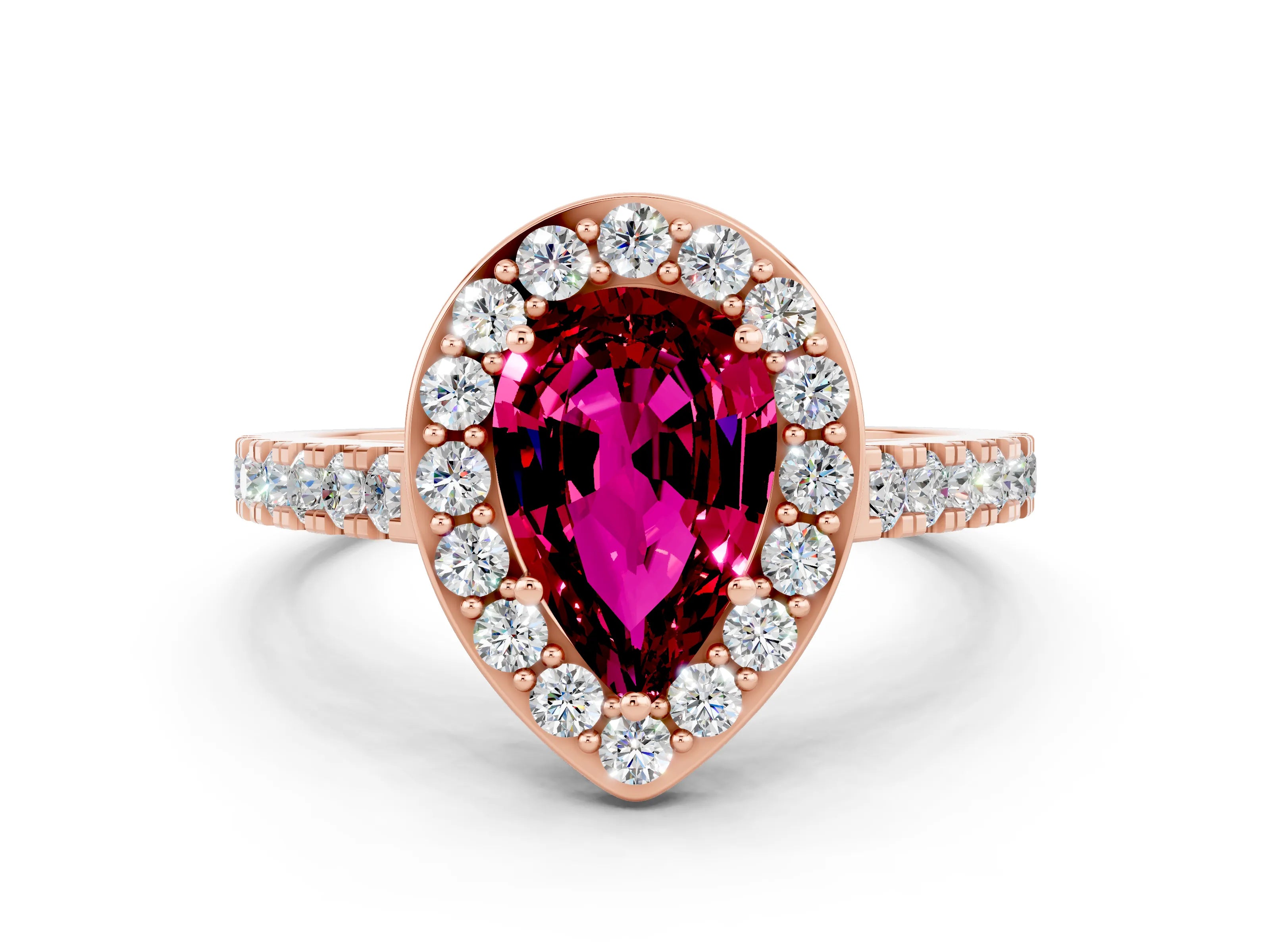 Rose gold Pear Cut Halo Diamond Ring with Pavé Band and Three-Prong Setting
