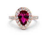 Rose gold Pear Cut Halo Diamond Ring with Pavé Band and Three-Prong Setting