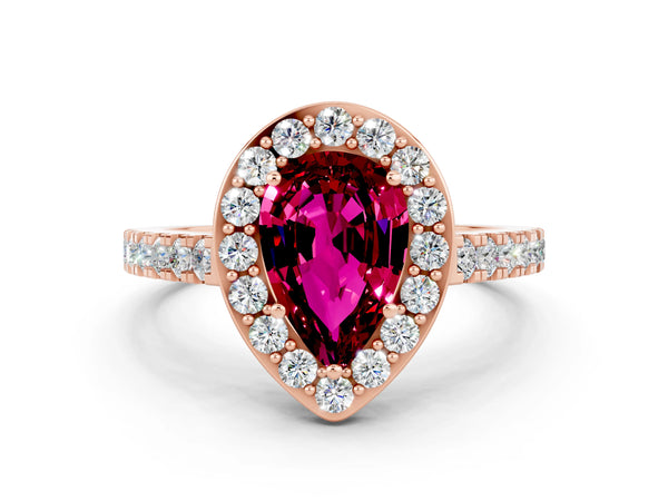 Rose gold Pear Cut Garnet Halo Ring with Round Pavé Split Shank and Prong Setting