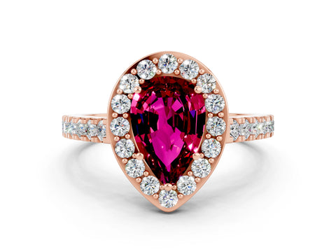 Rose gold Pear Cut Halo Diamond Ring with Pavé Band and Three-Prong Setting