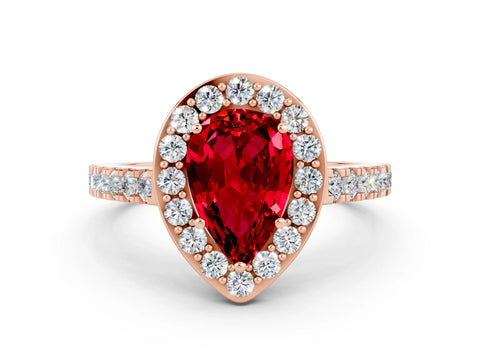 Rose gold Pear Cut Halo Diamond Ring with Pavé Band and Three-Prong Setting