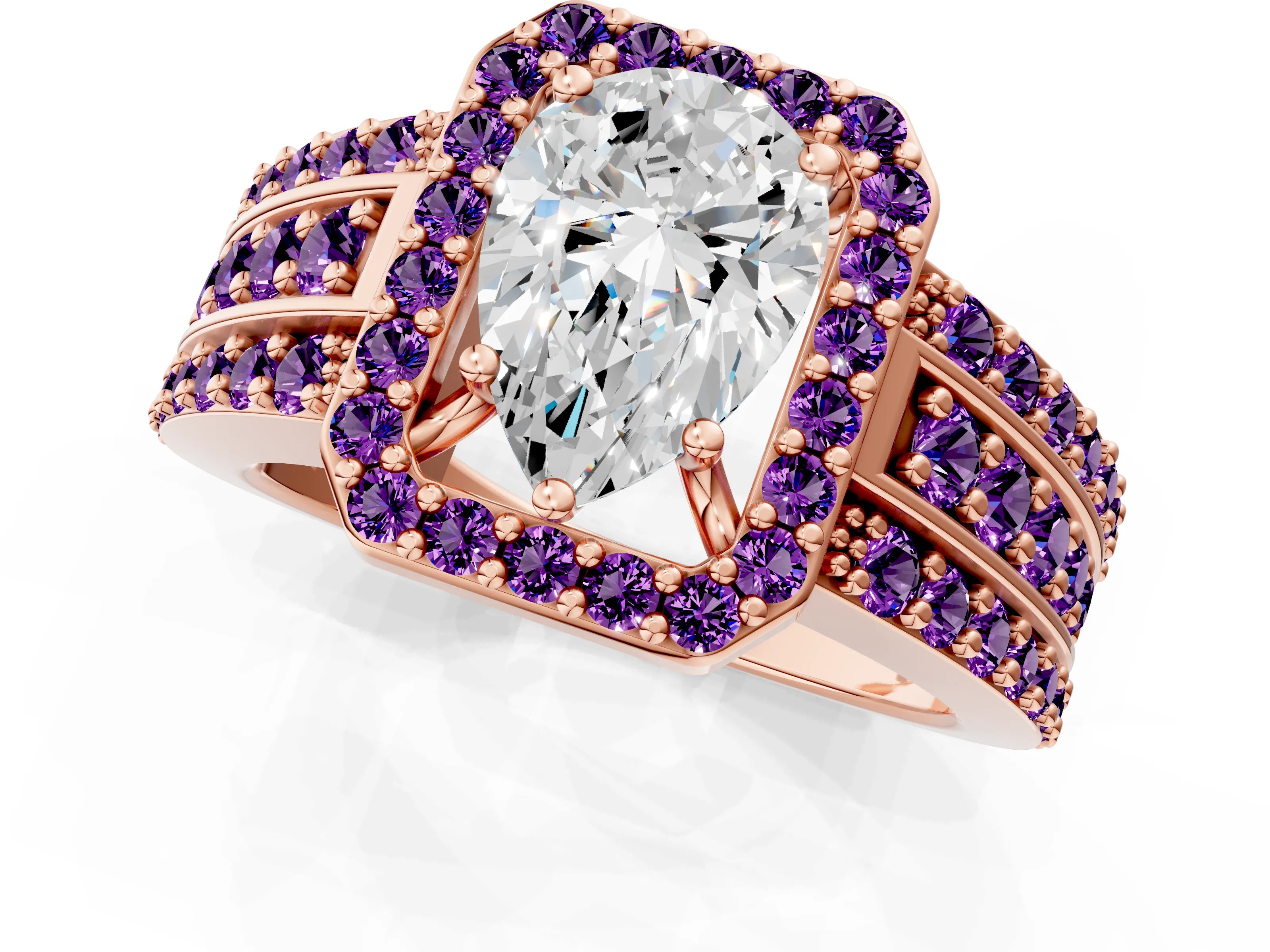 Rose gold Pear Cut Halo Diamond Ring with Round with Amethyst side stone Split Shank and Prong Setting_1