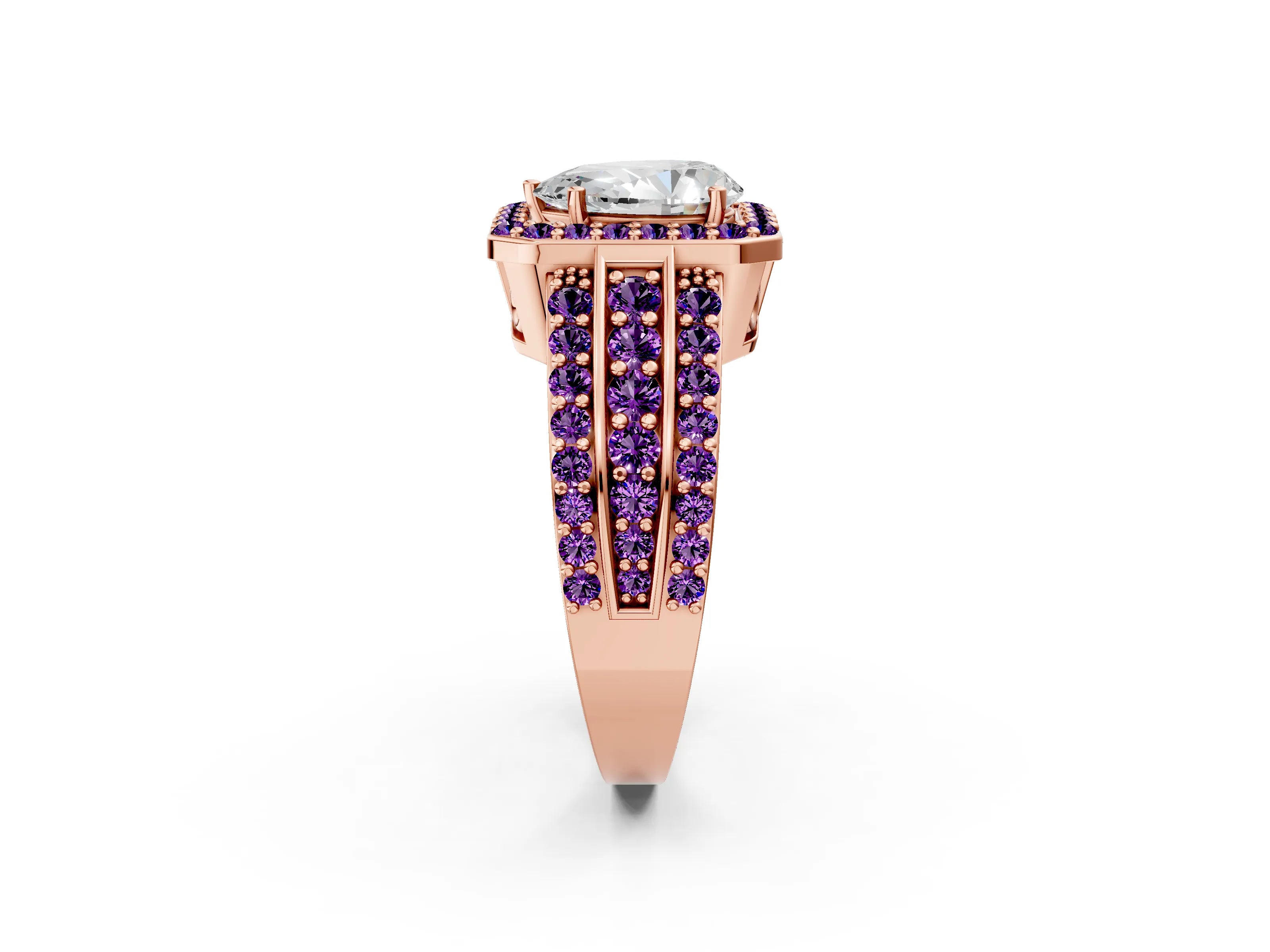 Rose gold Pear Cut Halo Diamond Ring with Round with Amethyst side stone Split Shank and Prong Setting_2