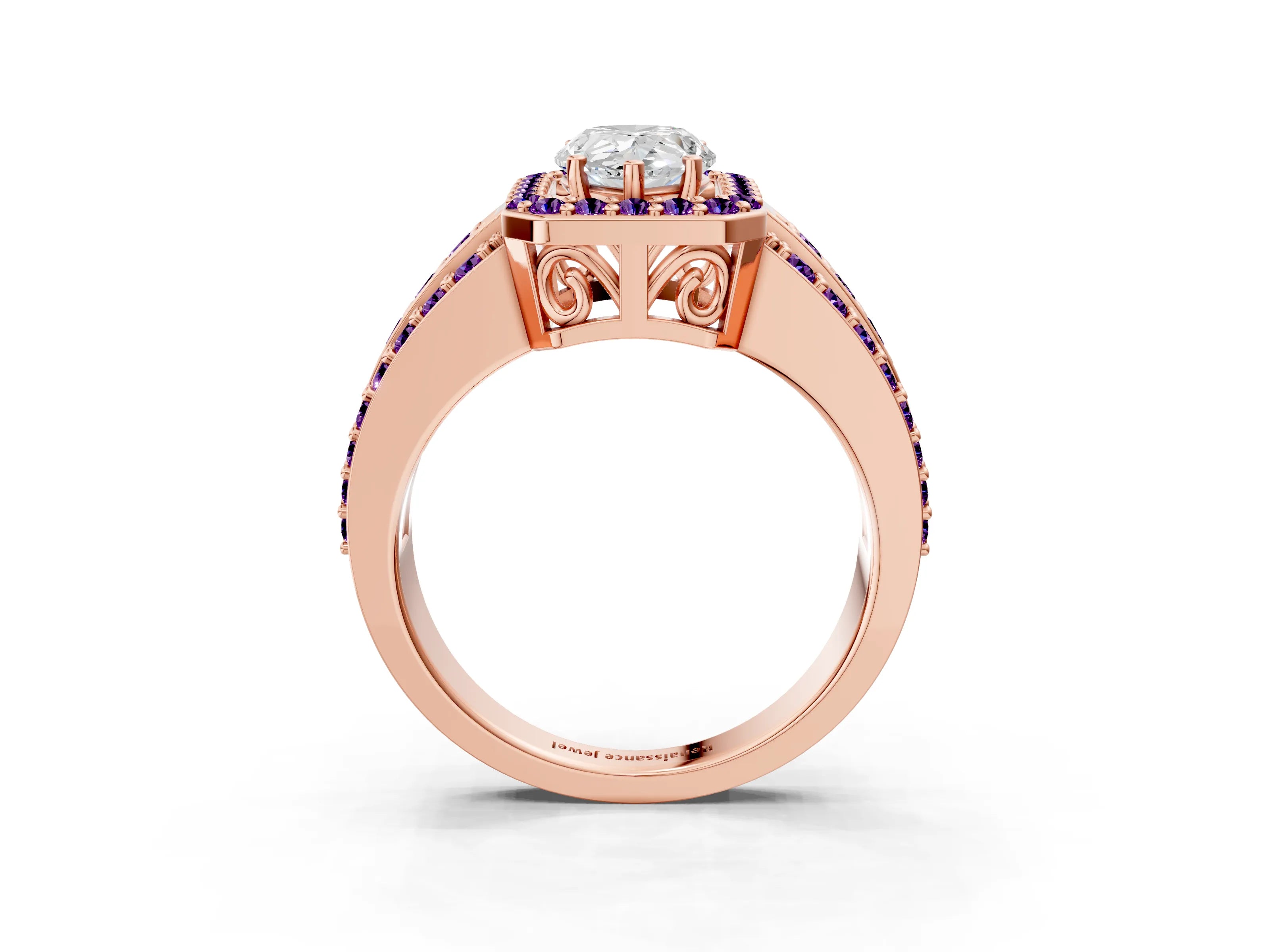 Rose gold Pear Cut Halo Diamond Ring with Round with Amethyst side stone Split Shank and Prong Setting_3