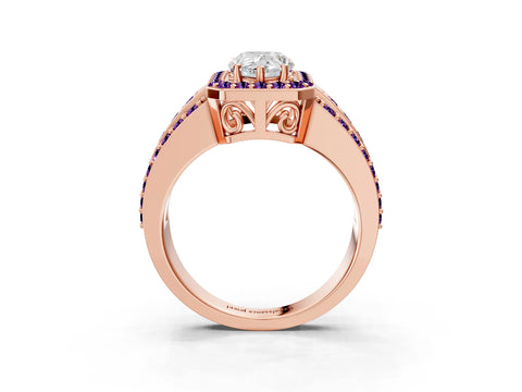 Rose gold Pear Cut Halo Diamond Ring with Round with Amethyst side stone Split Shank and Prong Setting_3