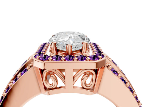 Rose gold Pear Cut Halo Diamond Ring with Round with Amethyst side stone Split Shank and Prong Setting_4